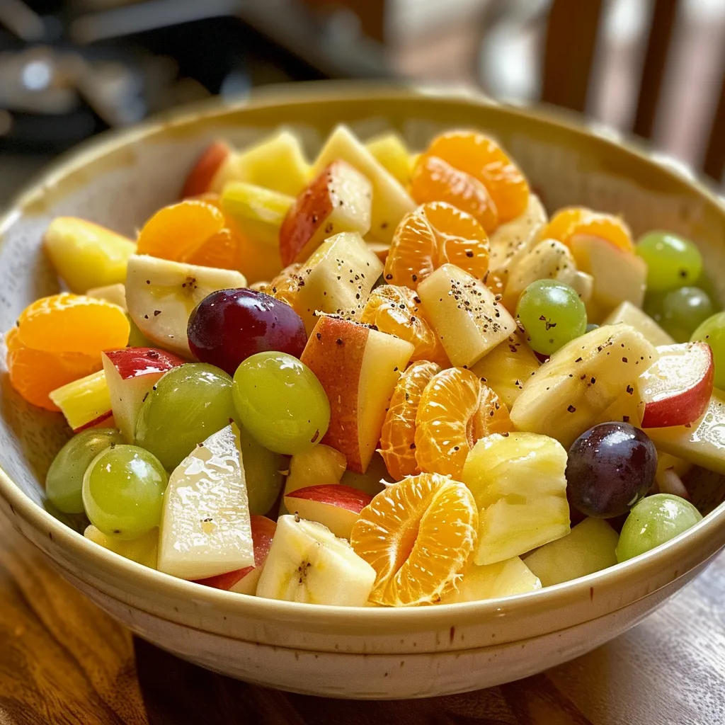 A vibrant fruit salad featuring pineapple, bananas, grapes, and apples.