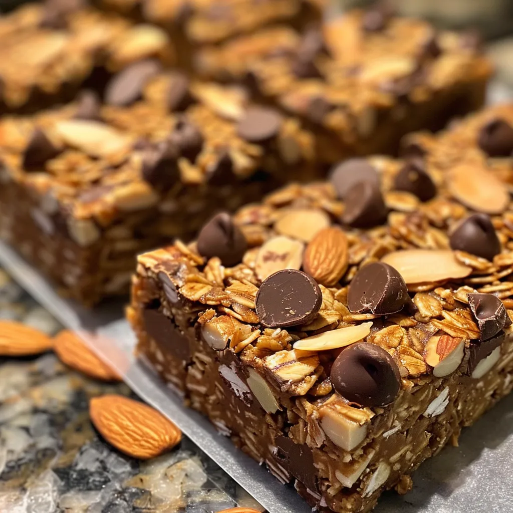 Delicious dark chocolate almond granola bars displayed from the side.
