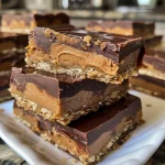 Close-up side view of homemade Healthy Twix Bars on a wooden table.