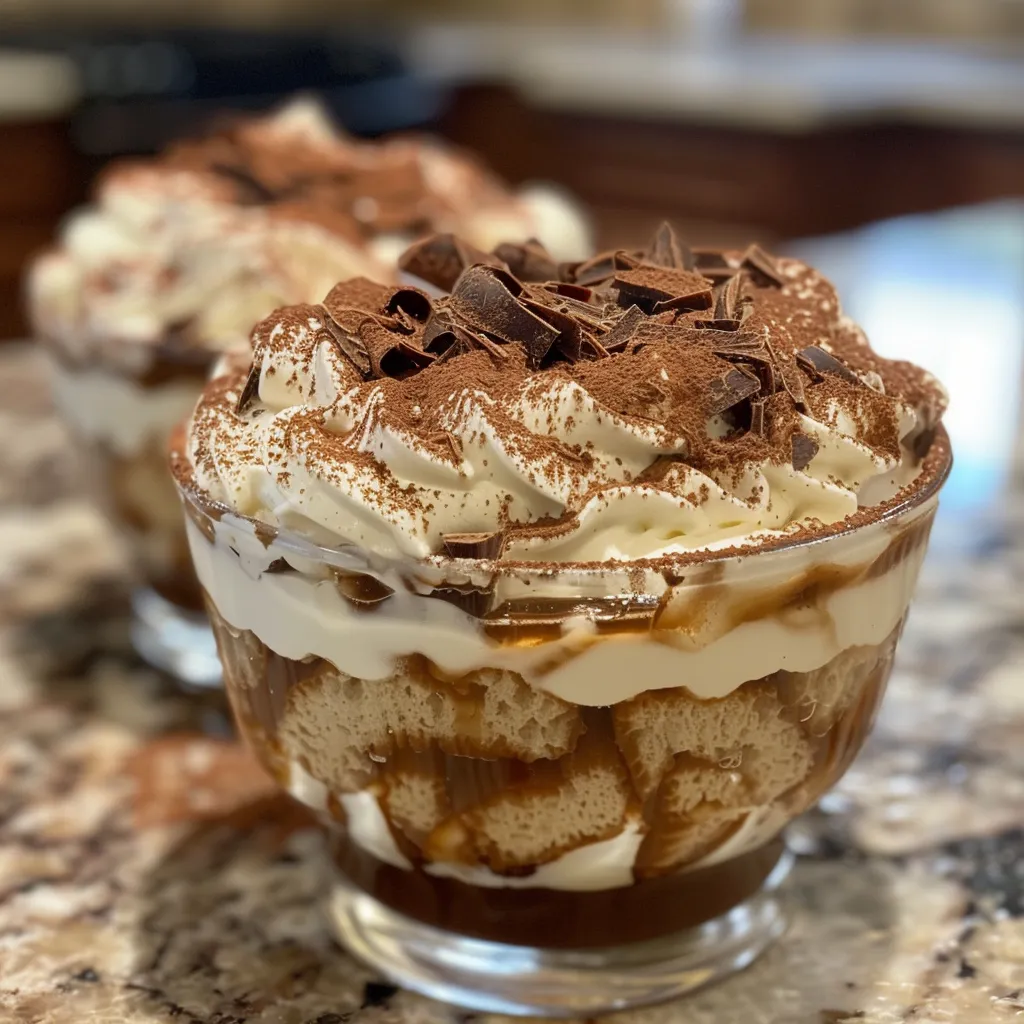 Close-up view of Holiday Tiramisu Cups, showcasing layers of cream and cocoa.
