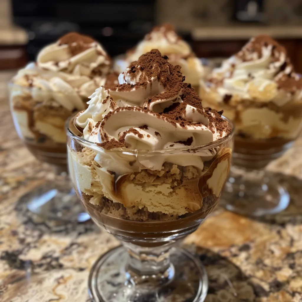 Side view of delightful Holiday Tiramisu Cups garnished with chocolate shavings.