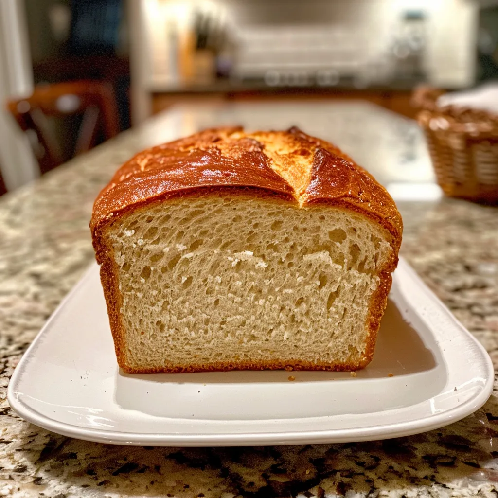 Side view of a loaf of homemade bread, showcasing its fluffy texture and crust.