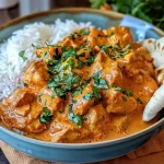 Close-up view of juicy homemade butter chicken served in a bowl with naan and rice.