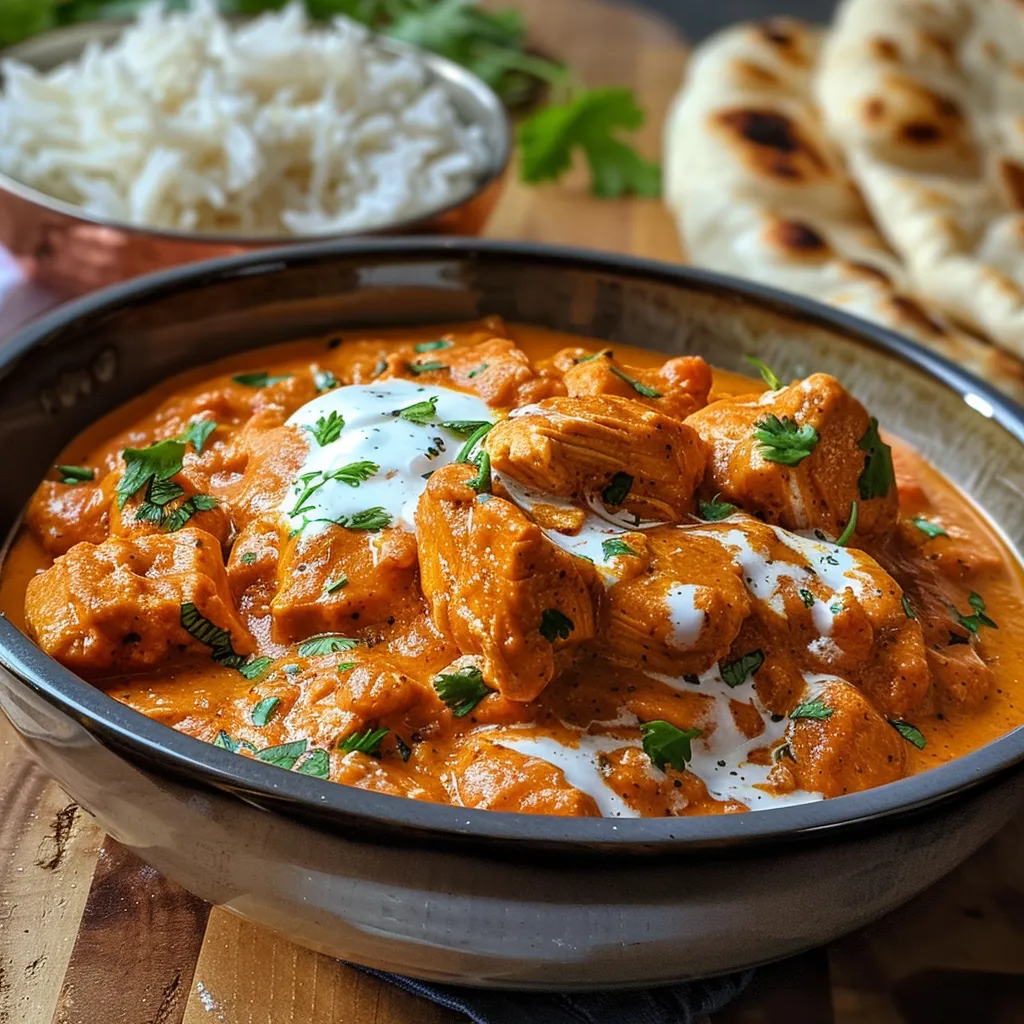 Side view of butter chicken with creamy sauce, garnished with parsley, on a wooden table.