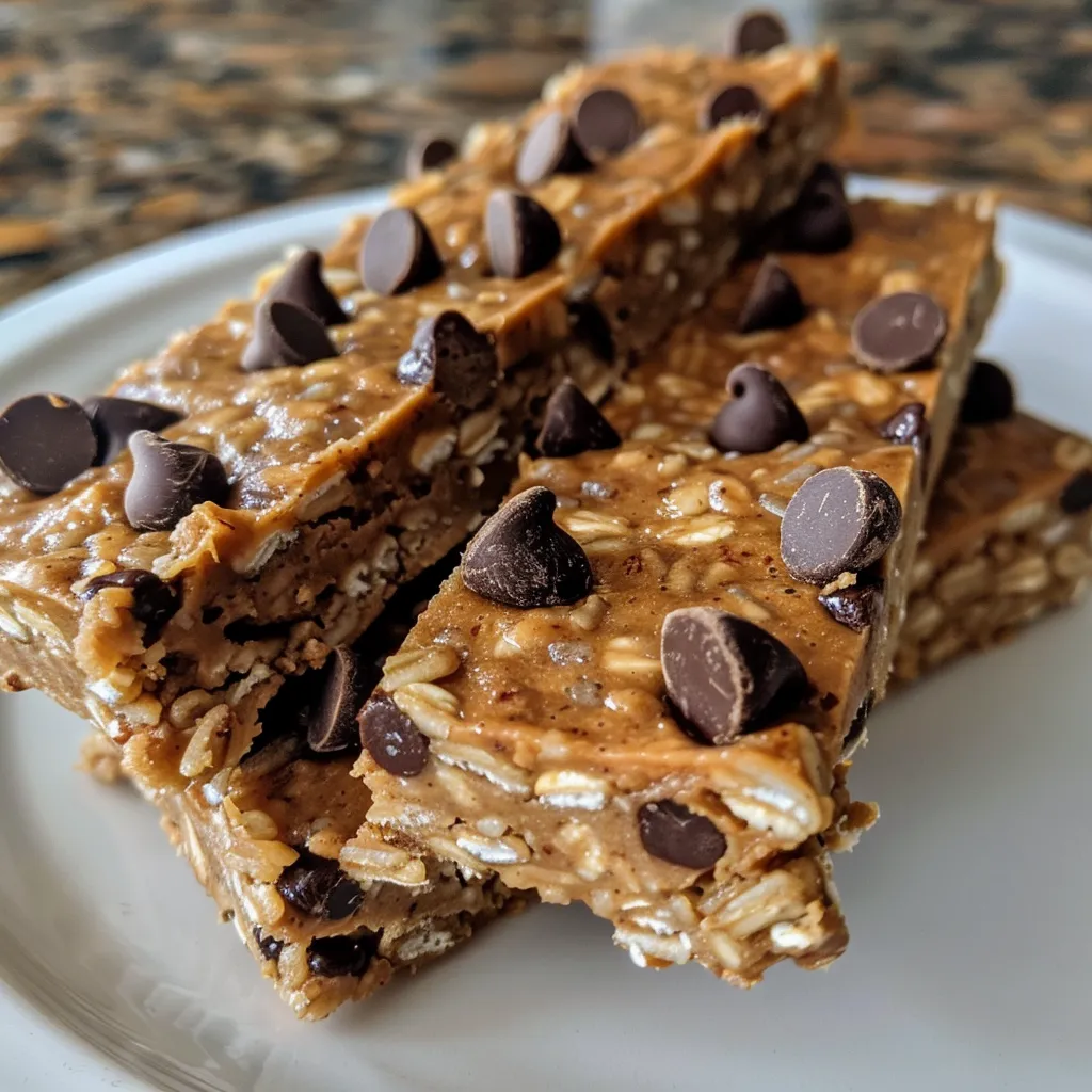 Side view of a stack of homemade chocolate chip Clif bars showcasing texture and ingredients.