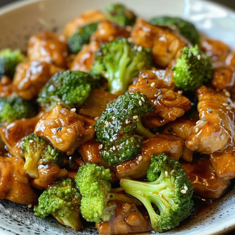 Close-up view of honey garlic chicken and broccoli on a plate.