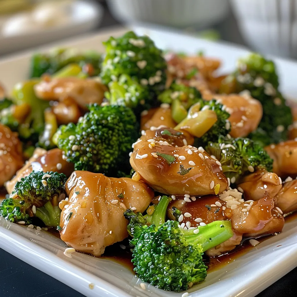 Juicy honey garlic chicken served with vibrant green broccoli.