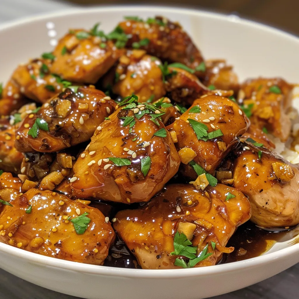 Golden-brown Honey Garlic Chicken with garlic cloves and parsley.