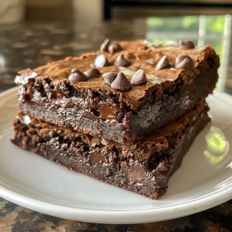 Close-up of rich chocolate chip brownies with a glossy top, showing melted chocolate chips.