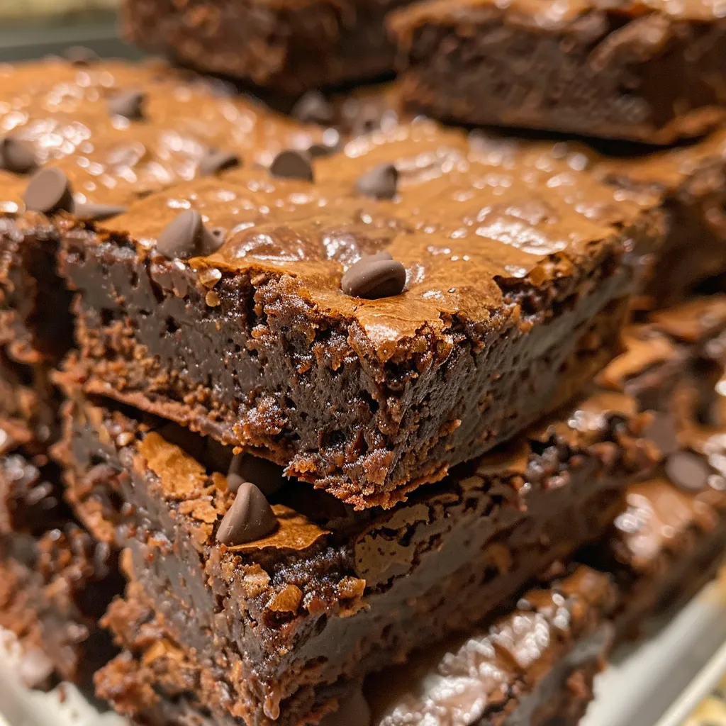Side view of freshly baked brownies with a fudgy texture and a sprinkle of chocolate chips on top.