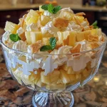 Close-up of a layered Italian Pineapple Trifle with ricotta and cream cheese.