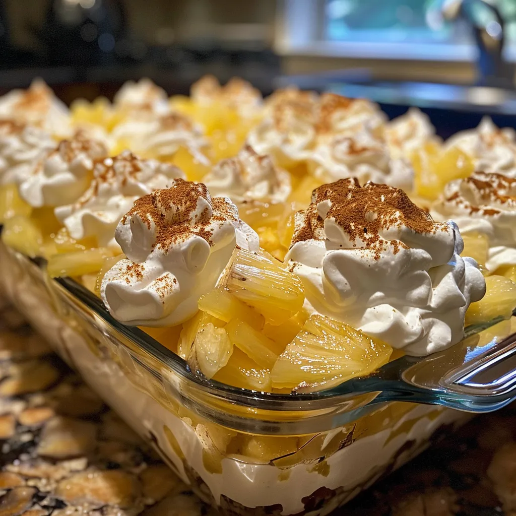 Side view of a decadent Italian Pineapple Trifle showcasing ladyfingers and pineapple.