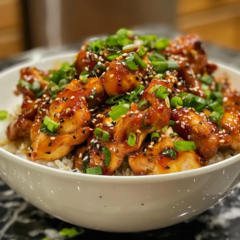 Close-up view of juicy honey garlic chicken, garnished with green onions and sesame seeds.