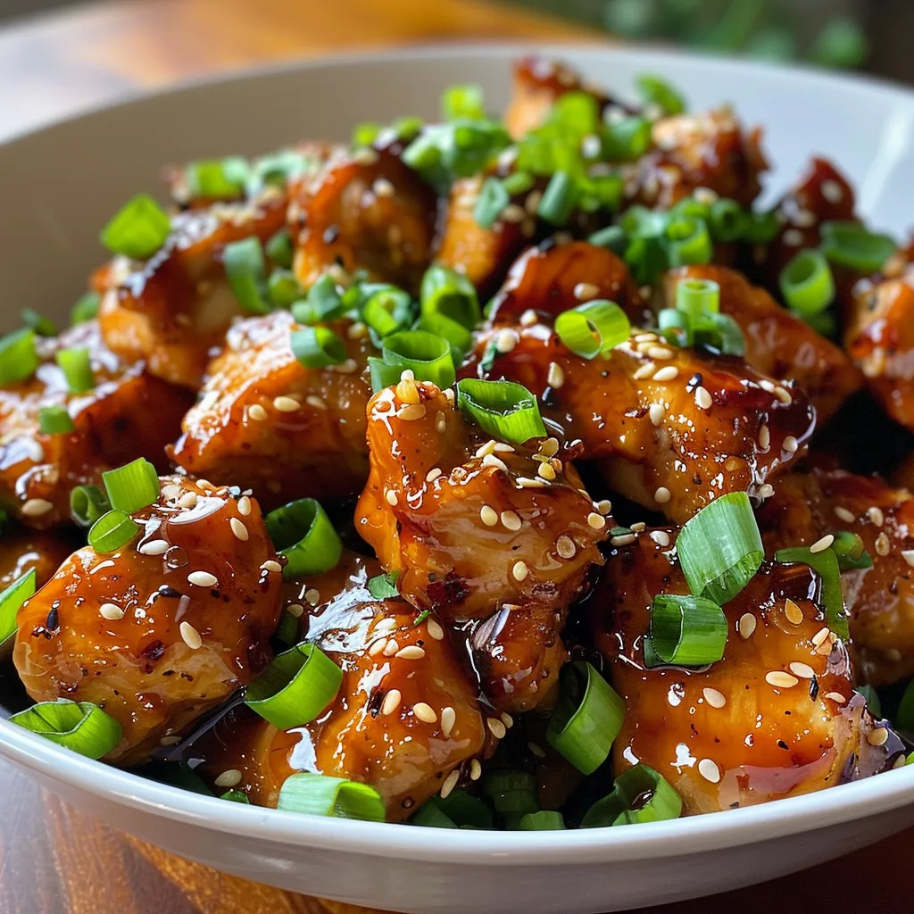 Side view of tender chicken breasts coated in a glossy honey garlic sauce, with garlic and ginger visible.