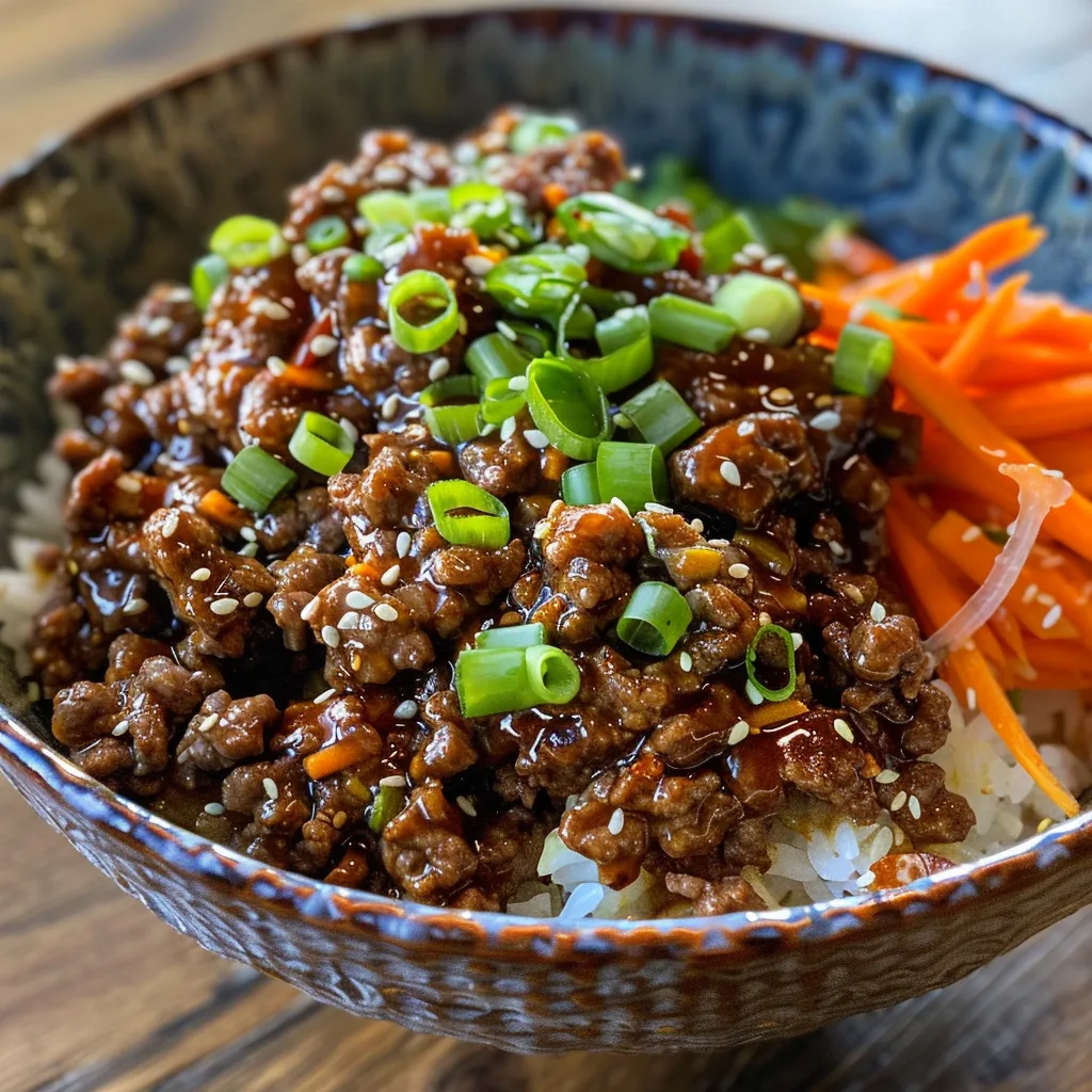 Side view of a delicious Korean Ground Beef Bowl filled with ground beef, rice, and garnished with green onions.
