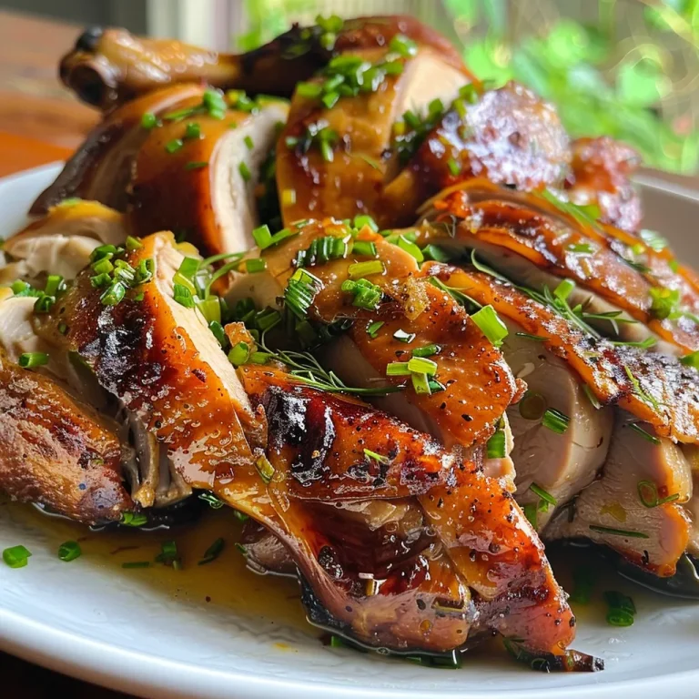 Unlock the Secret to Effortless Crispy Lechon Manok: A Flavorful Journey Close-up view of crispy Lechon Manok with golden skin and garnished with herbs.
