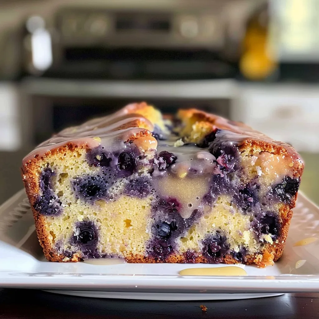 Close-up image of a lemon blueberry loaf with a textured exterior and visible blueberries.