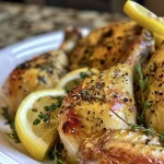 Juicy lemon herb roasted chicken thighs garnished with fresh parsley.