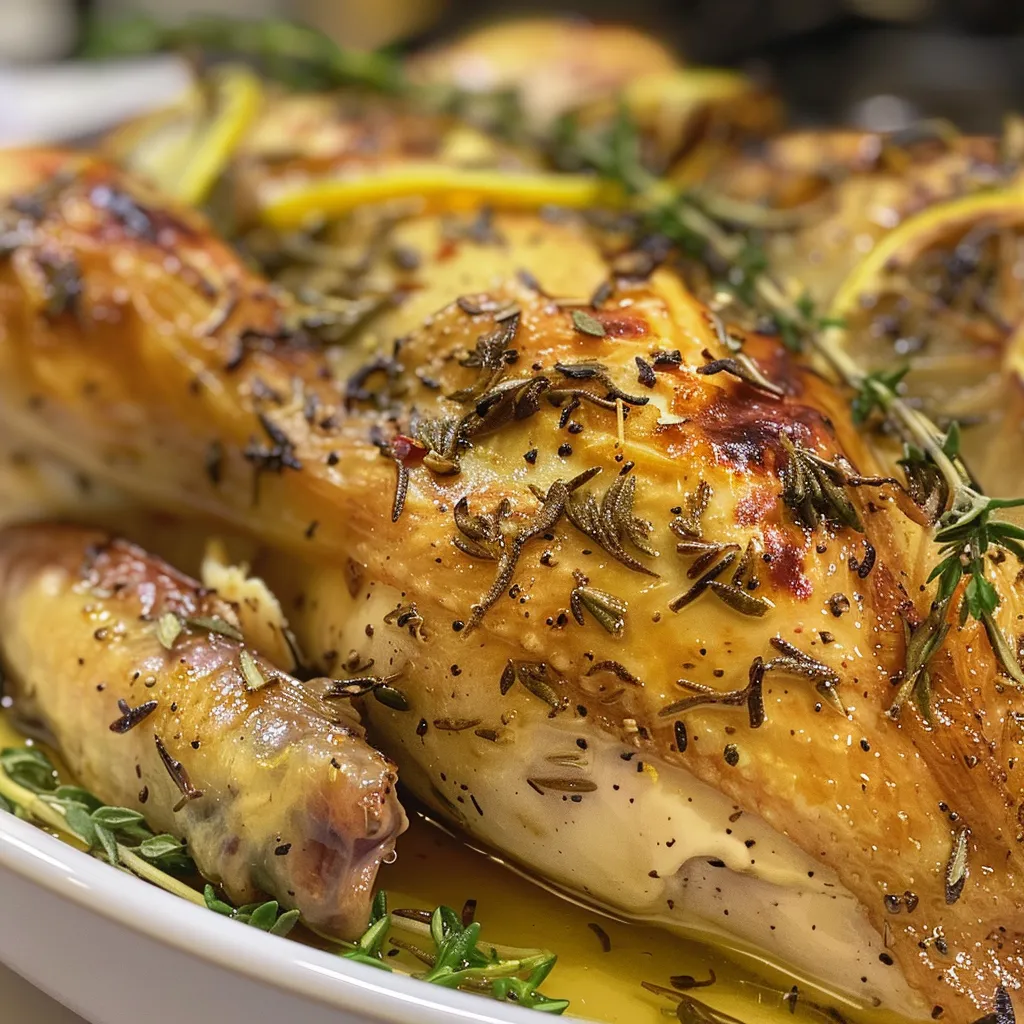 Close-up view of golden brown chicken thighs with lemon zest and herbs.