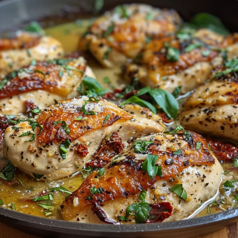 Close-up of Marry Me Chicken in creamy sun-dried tomato sauce.