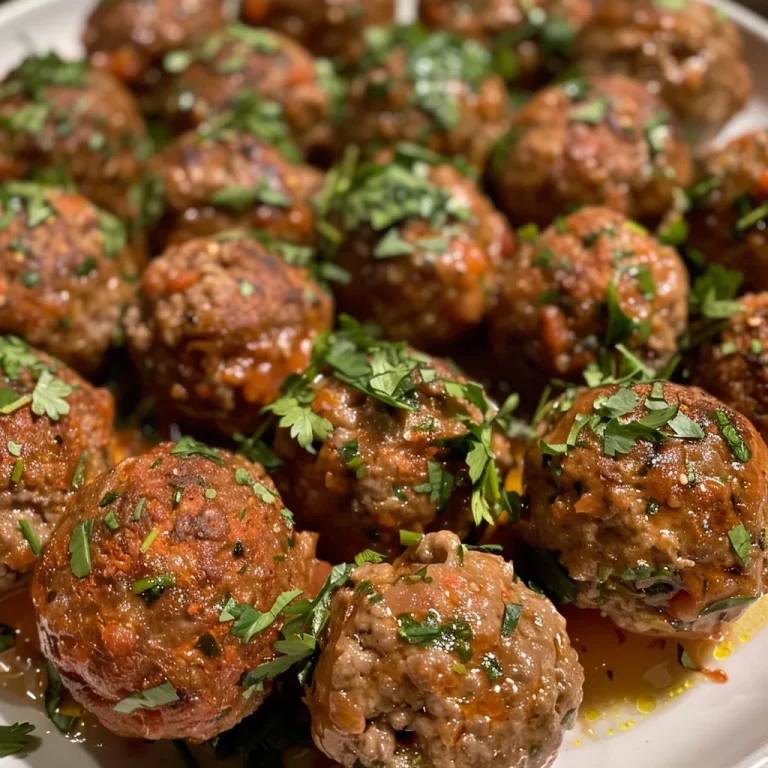 A close-up side view of juicy Middle Eastern spicy meatballs glistening with sauce.