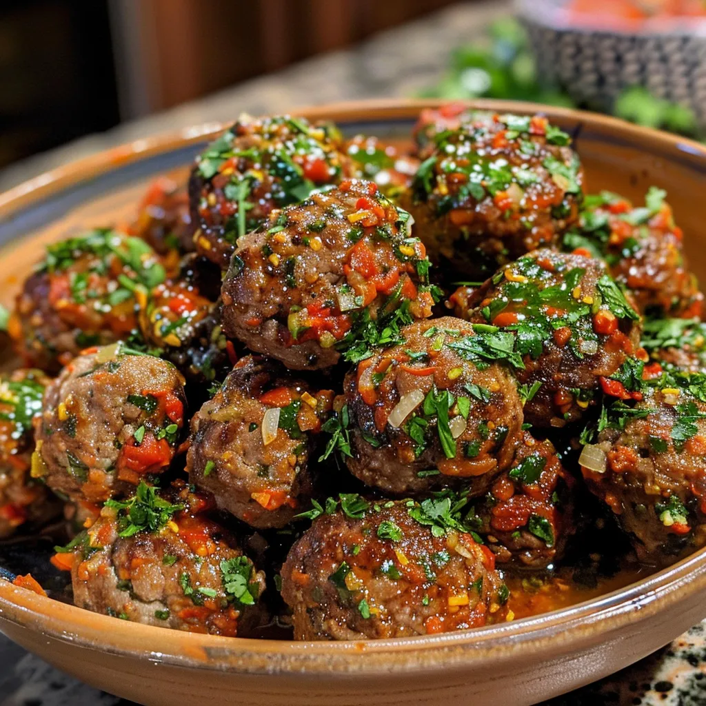 A plate filled with delicious Middle Eastern spicy meatballs, topped with herbs and spices.