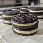 A close-up side view of Midnight Cookies featuring White Fudge Oreos with black icing.