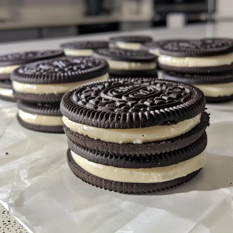 A close-up side view of Midnight Cookies featuring White Fudge Oreos with black icing.