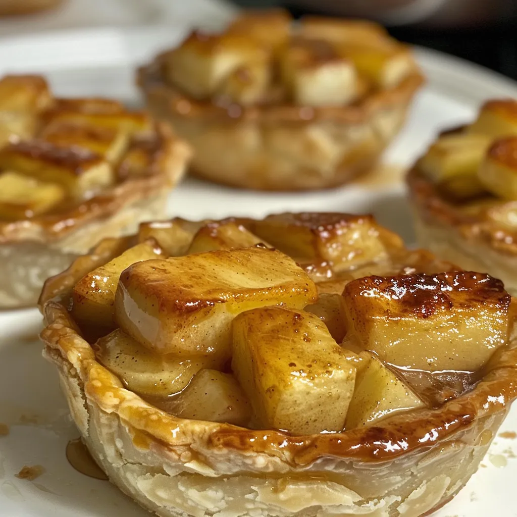 Side view of a delicious mini apple pie with visible apple filling and crust texture.