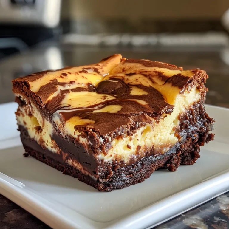 Side view of a mini cheesecake brownie with a glossy top and chocolate drizzle.