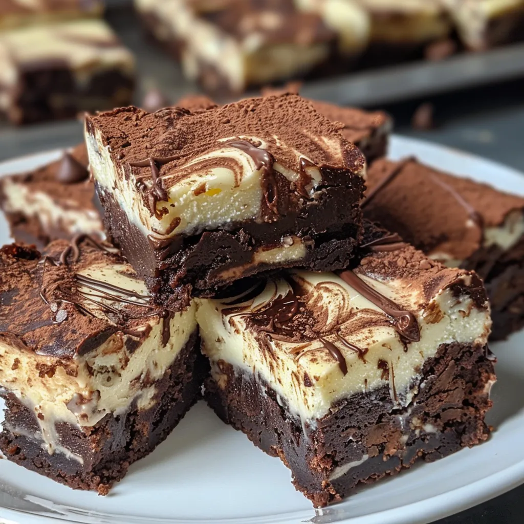 Close-up of a decadent mini cheesecake brownie topped with whipped cream and fresh berries.