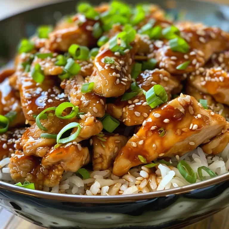 Close-up view of juicy Mongolian chicken with green onions and sesame seeds.
