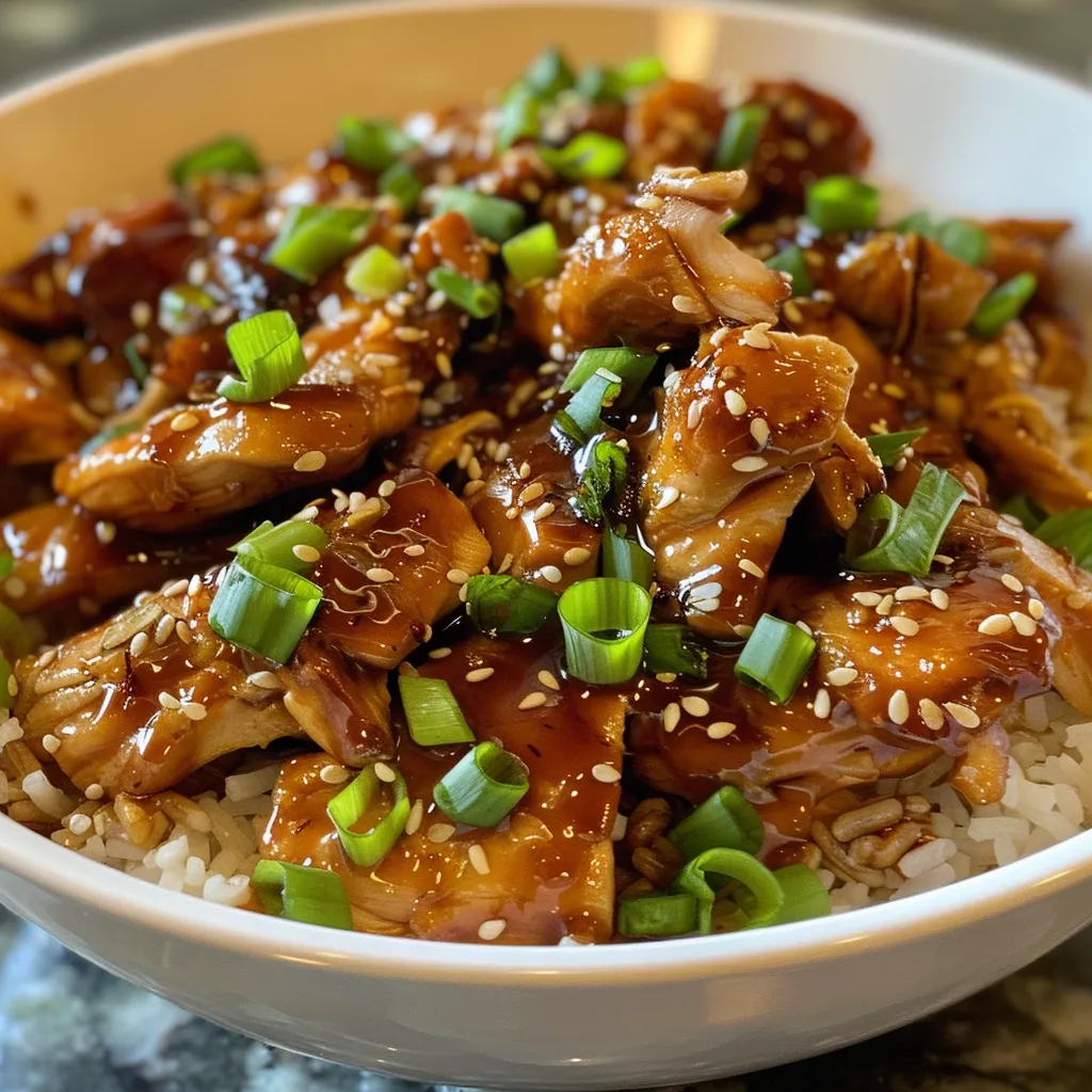 Side view of Mongolian chicken featuring tender chicken strips and a glossy sauce.