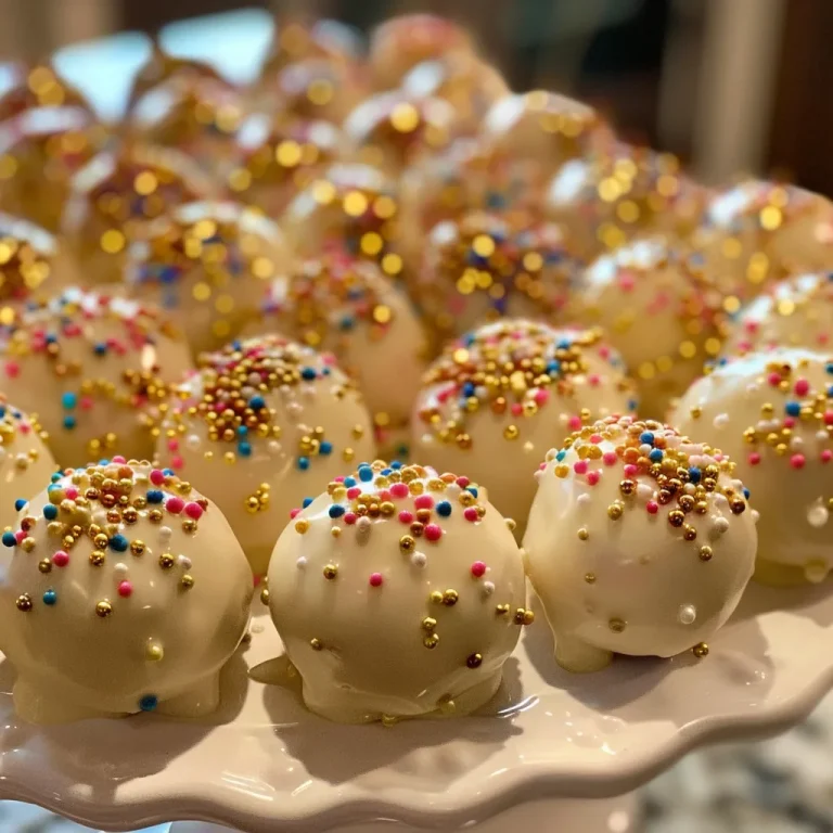 Close-up of golden New Year's Eve Cake Drop Balls coated in white chocolate and festive sprinkles.