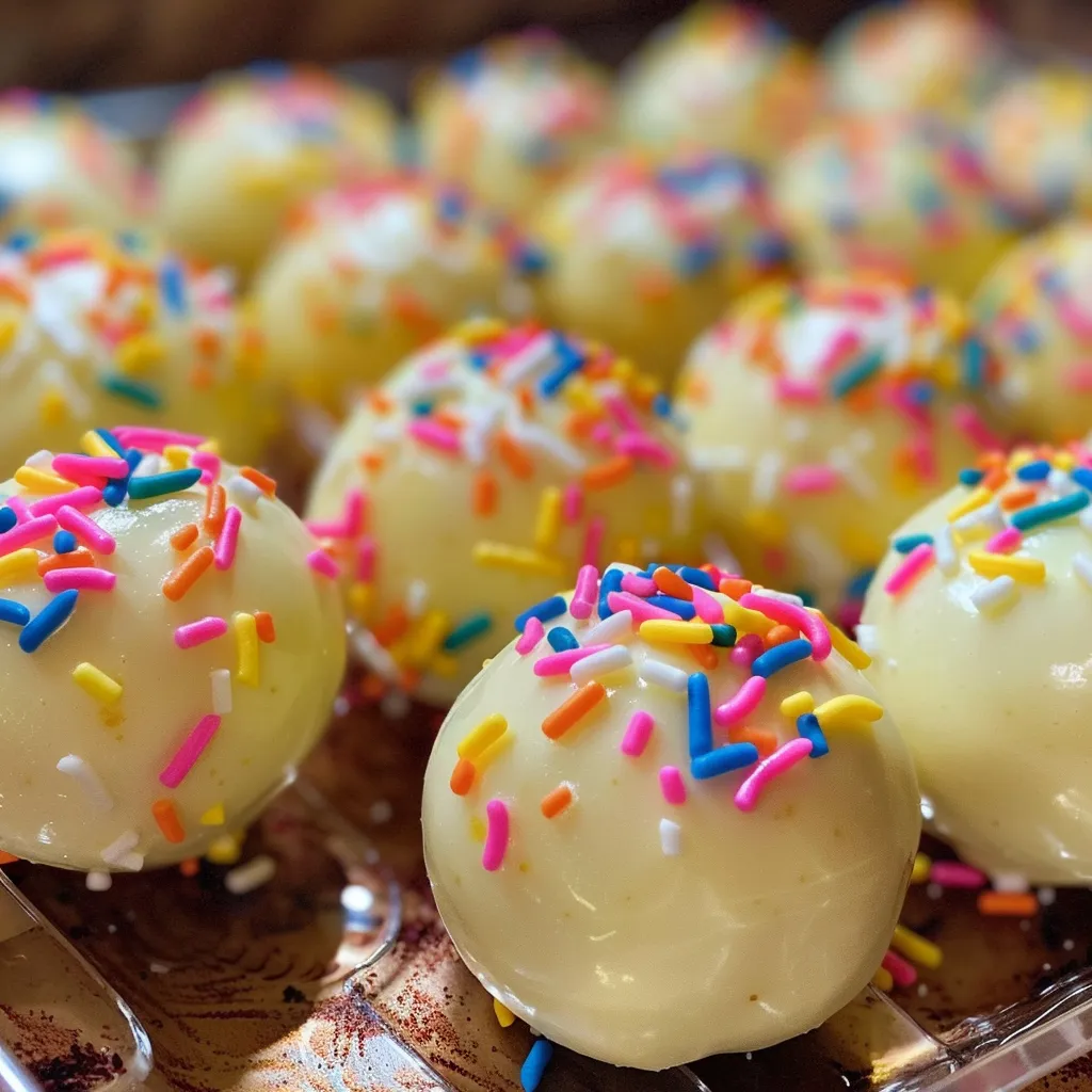 Side view of delicious cake balls decorated with gold and silver sprinkles on a festive plate.