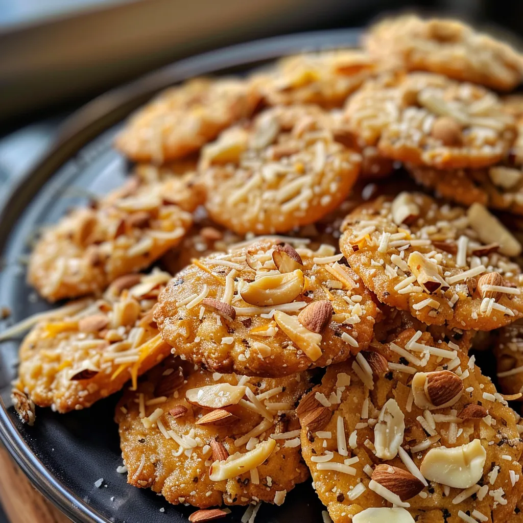 Side view of a festive platter filled with delicious cheesy snacks and mixed nuts for New Year's celebration.