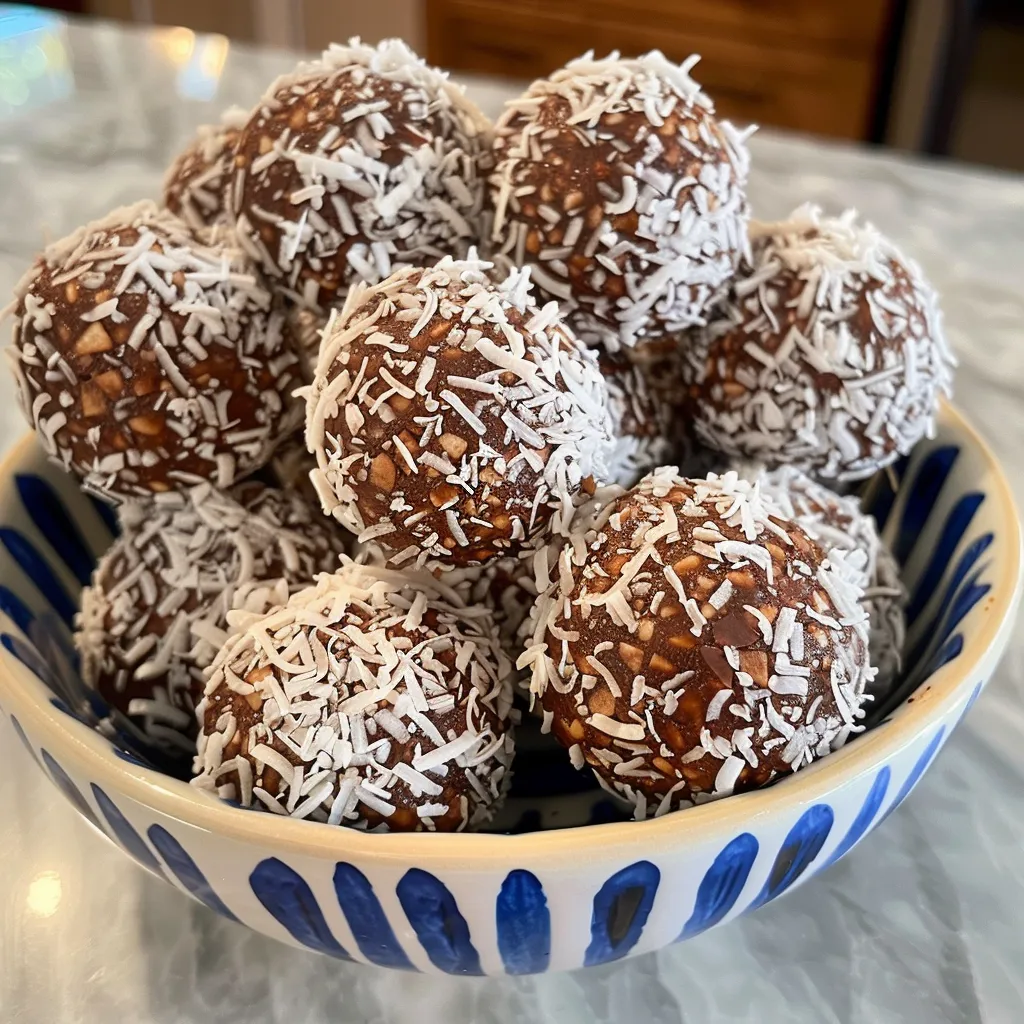 Side view of stacked No-Bake Coconut Energy Balls on a wooden surface, highlighting their round shapes and coconut coating.
