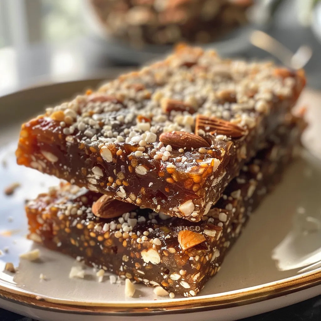 Side view of a delicious No-Bake Date Energy Bar, showing layers of nuts and coconut.