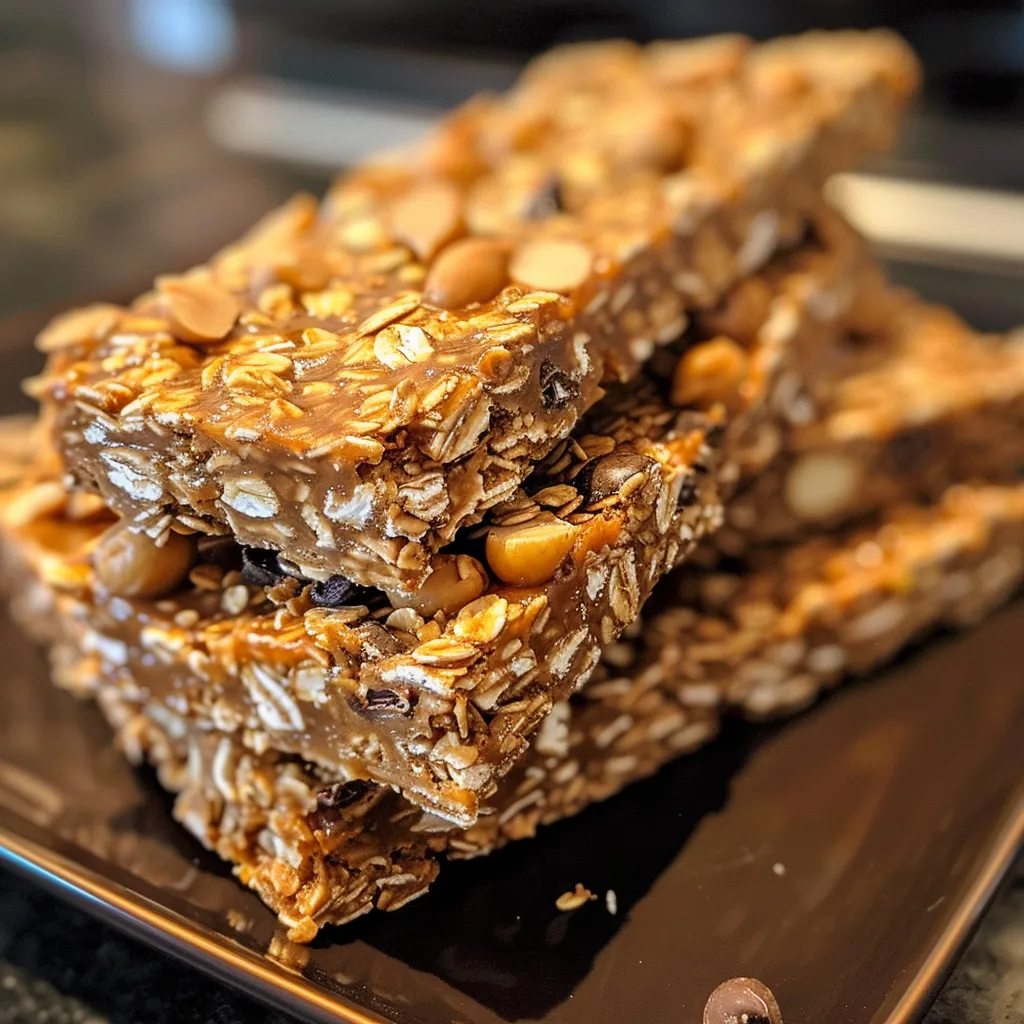 Juicy no-bake granola bars displayed on a wooden cutting board, featuring a mix of ingredients.