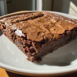 Close-up side view of rich, fudgy One Bowl Brownies on a plate.