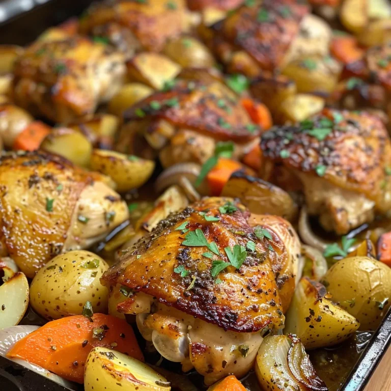 Close-up view of juicy chicken thighs and roasted potatoes on a rustic plate.