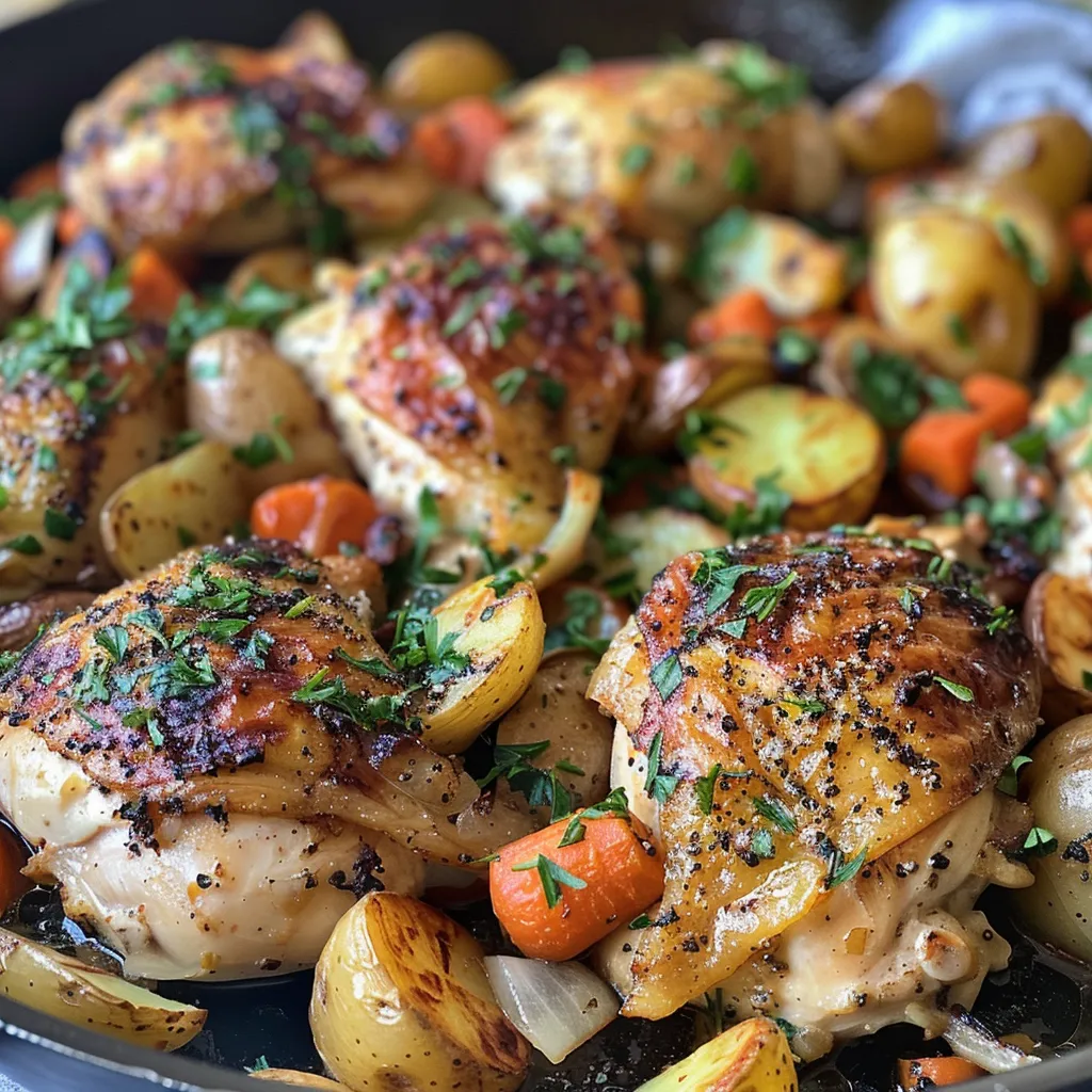 Side shot of One-Pan Chicken and Potatoes with vibrant vegetables and herbs.