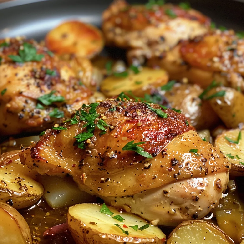 Juicy garlic parmesan chicken with crispy roasted potatoes and a creamy sauce on a plate.