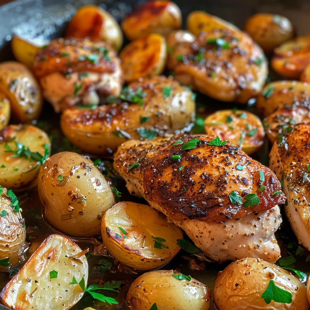 A close-up view of succulent chicken and golden potatoes drizzled with garlic herb sauce.