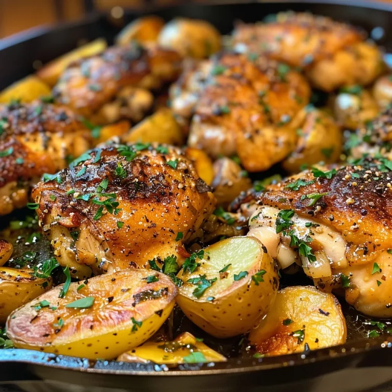 Close-up of One-Pan Cowboy Garlic Chicken and potatoes, showcasing juicy chicken thighs and halved baby potatoes.