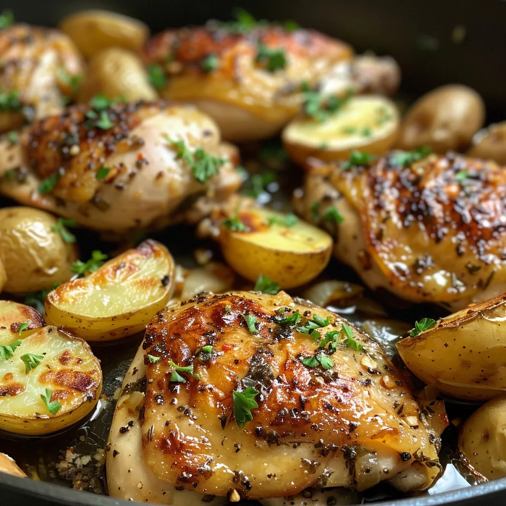 Side view of a delicious One-Pan dish featuring chicken thighs and golden brown baby potatoes garnished with fresh parsley.