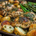 Juicy chicken breast with herbs beside roasted potatoes and green beans.