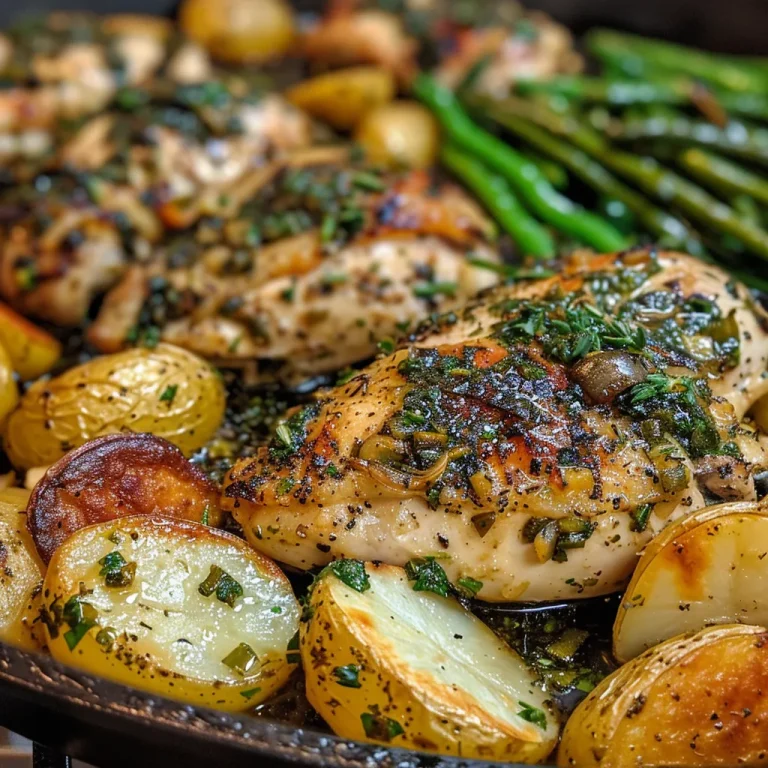 Juicy chicken breast with herbs beside roasted potatoes and green beans.