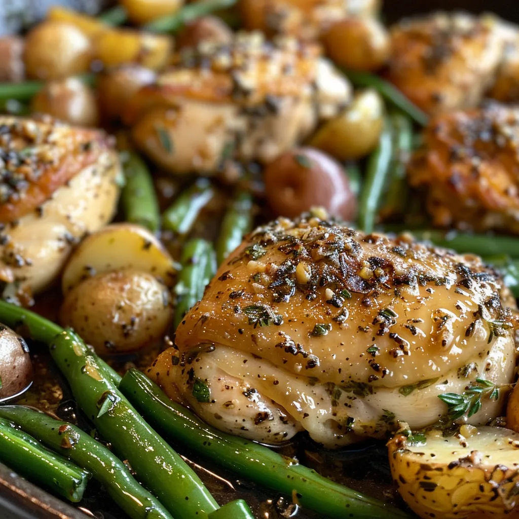 Close-up of one-pan garlic herb chicken served with golden potatoes and vibrant green beans.