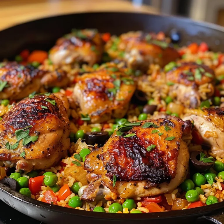 Close-up of One Pan Spanish Chicken and Rice featuring golden chicken thighs and colorful vegetables.